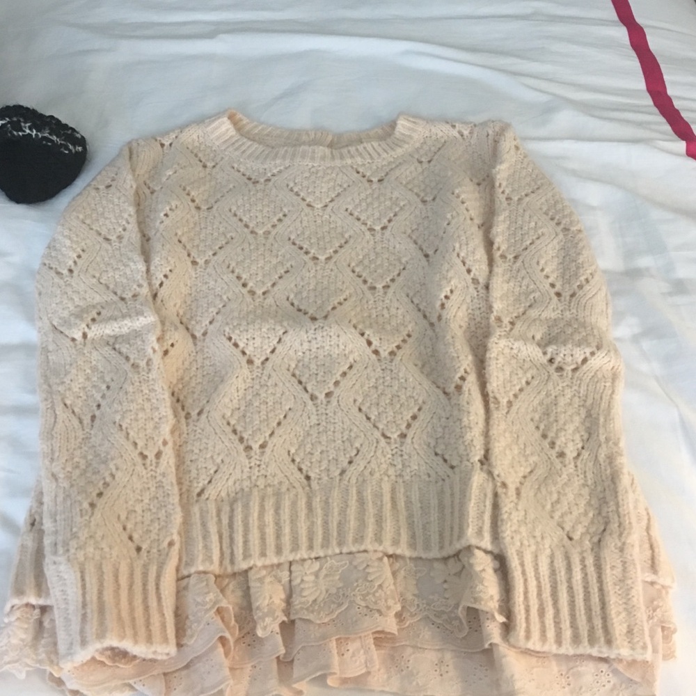 Anthropologie Cream Lace-Hem Cable Knit Crewneck Sweater